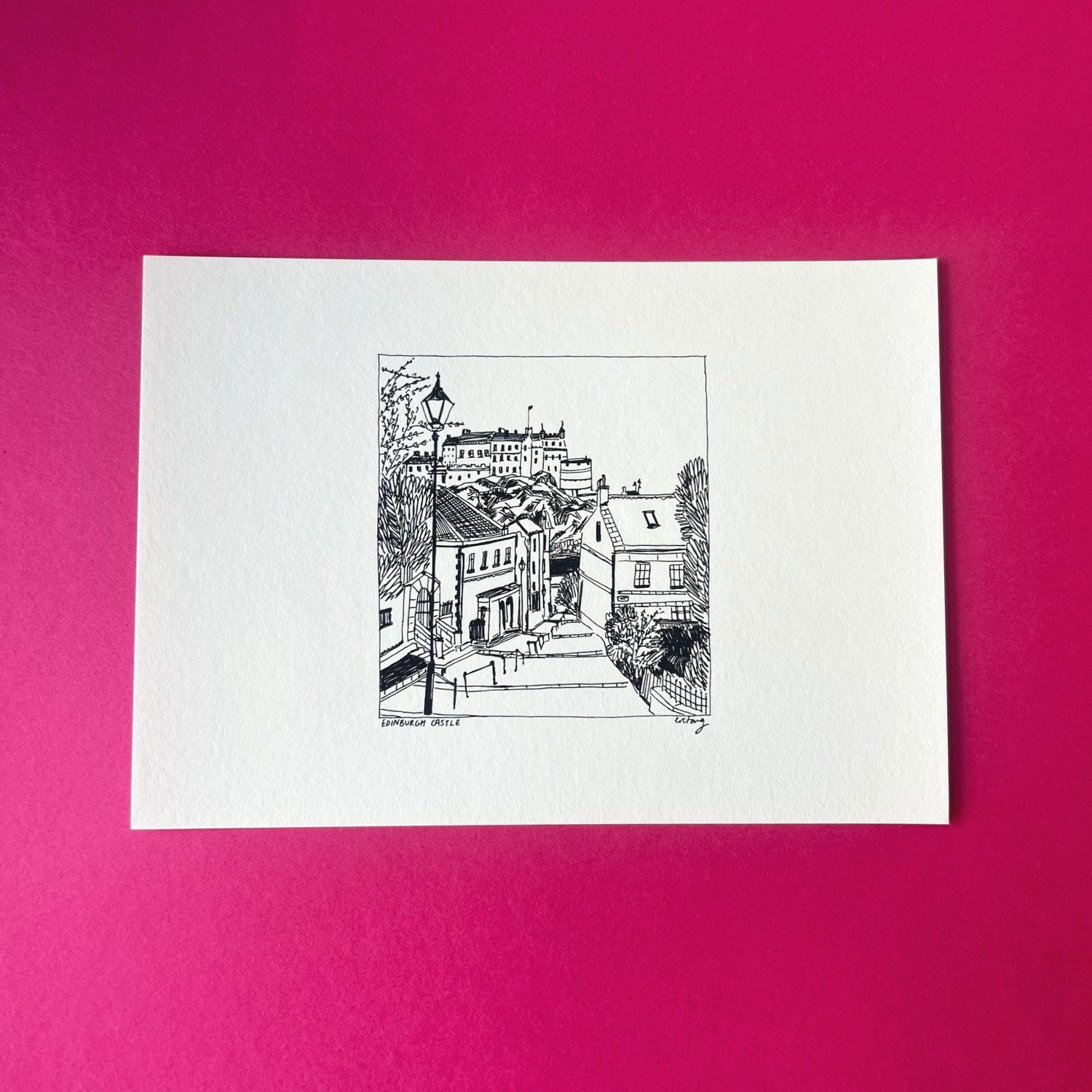 A black ink illustration of Edinburgh Castle viewed from the Vennel staircase, printed on fine art paper.