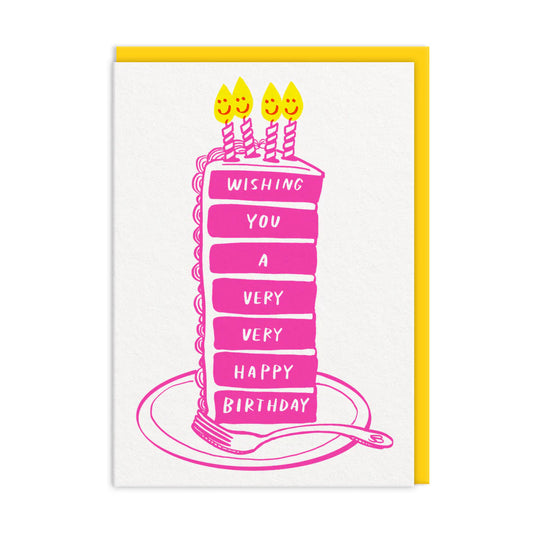 A greeting card with a illustration of a birthday cake with 'Wishing You A Very Very Happy Birthday' written on it. The card has a yellow envelope.