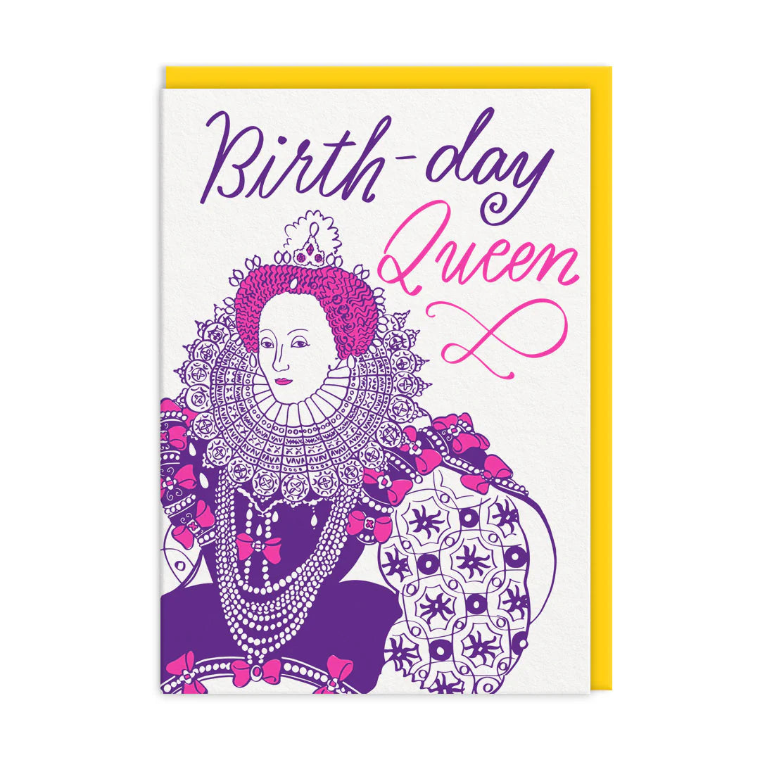 Greeting card with a colorful illustration of a queen, with 'Birthday Queen' text, against a white background, accompanied by a yellow envelope.