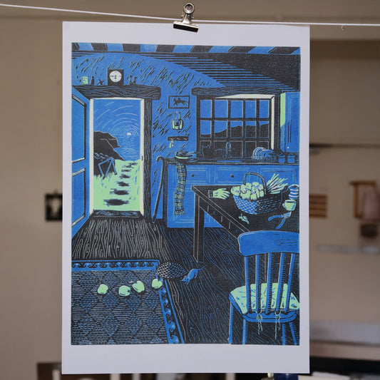 An A3 sized risograph print featuring a linocut illustration of an indoor scene with a cat, a mouse, and a fruit bowl.