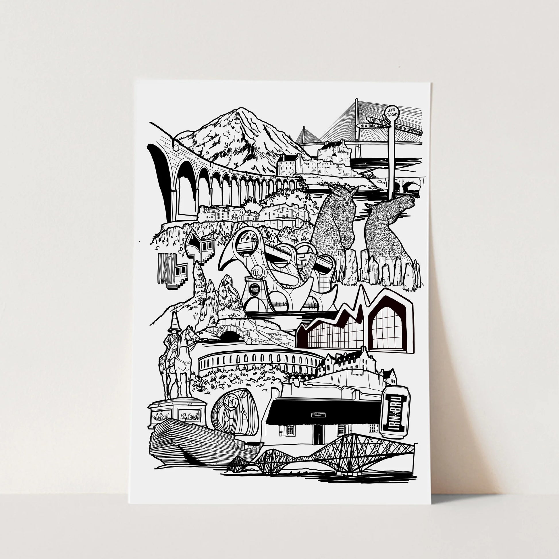 Black and white illustration of Scottish landmarks