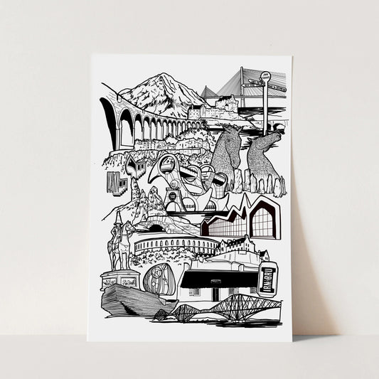 Black and white illustration of Scottish landmarks