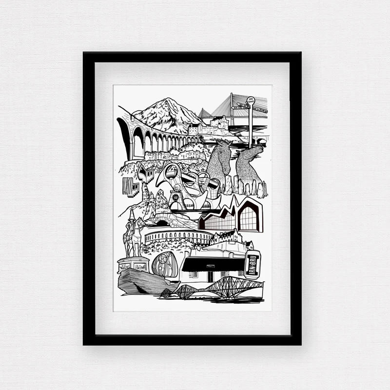 Black and white illustration of Scottish landmarks in a black frame