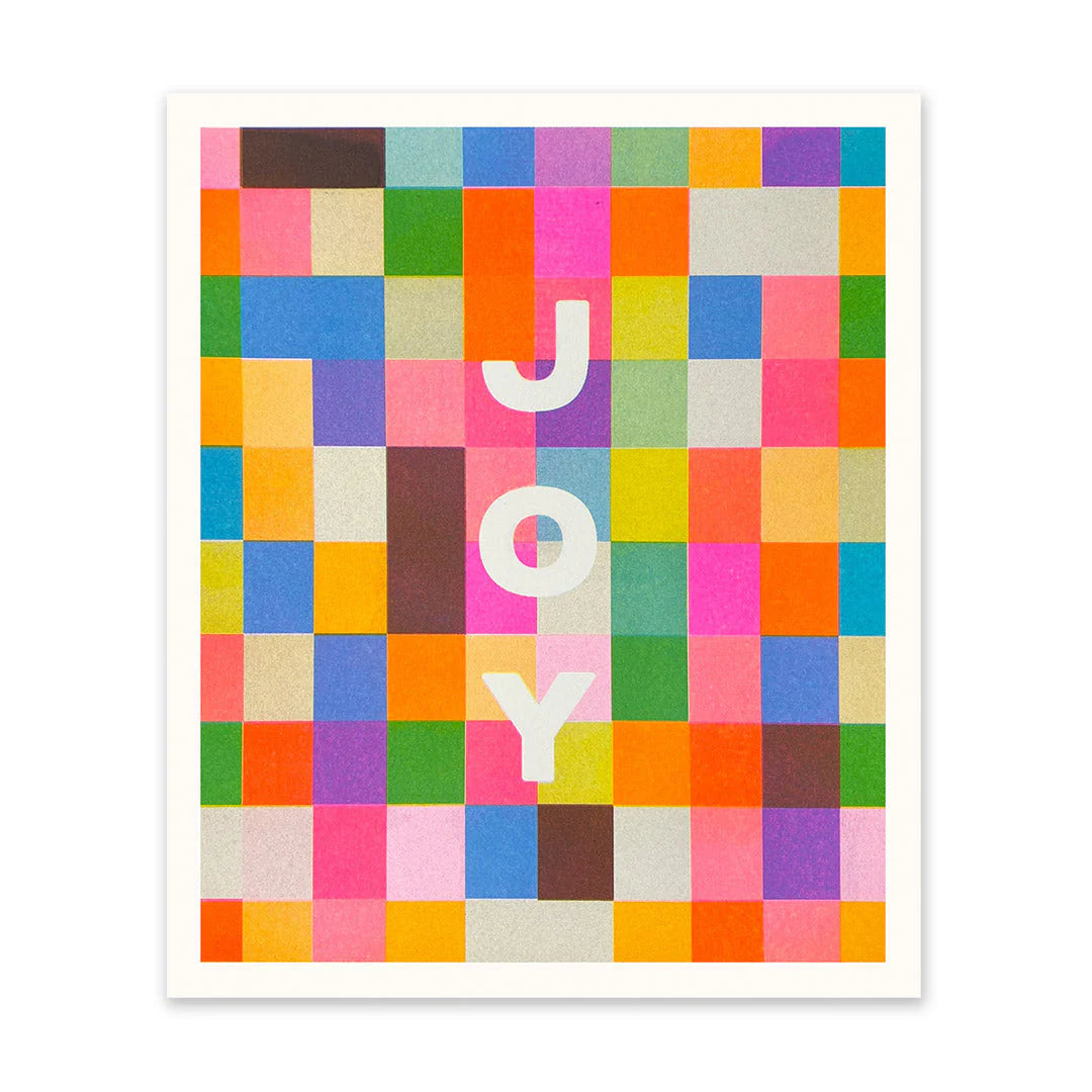 Colorful checkered pattern with the word 'JOY' on a white background