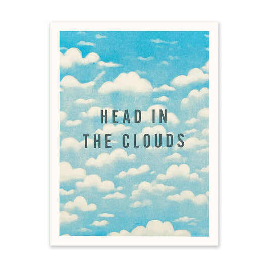 Poster with 'Head in the Clouds' text against a blue sky with clouds