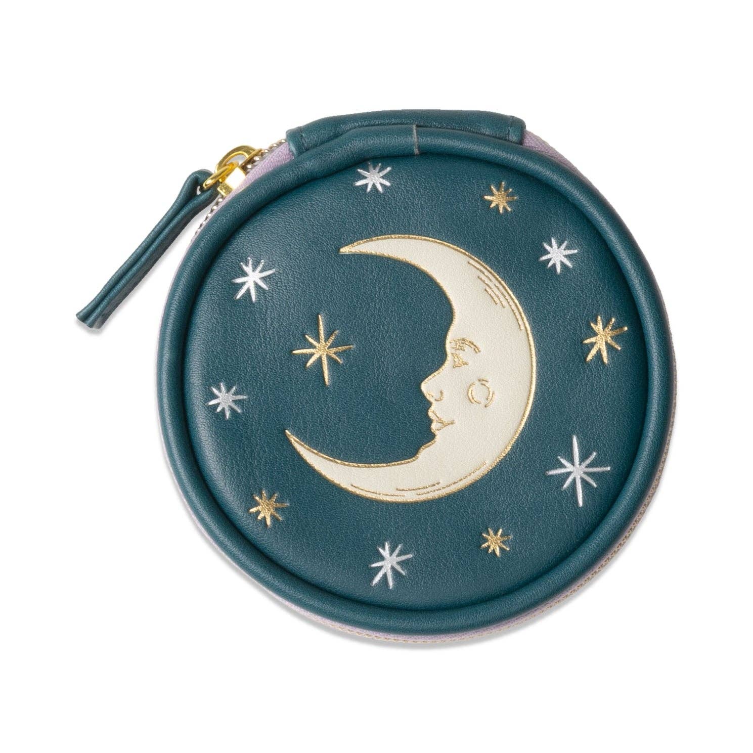 Round pouch for holding medicine with moon and star design on a white background