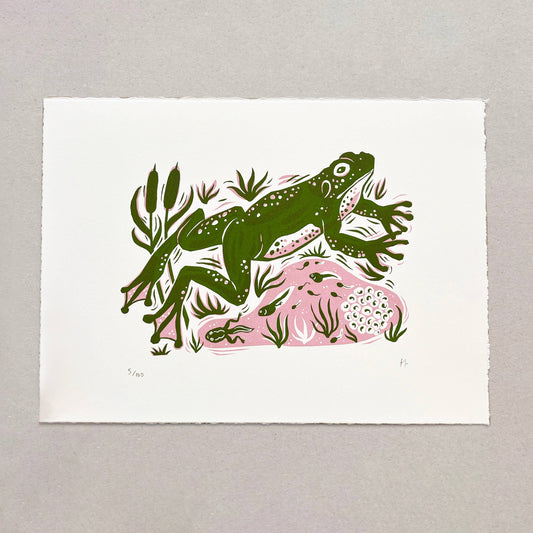 Screen print in two colours, green and pink, showing a frog and tadpole illustration.