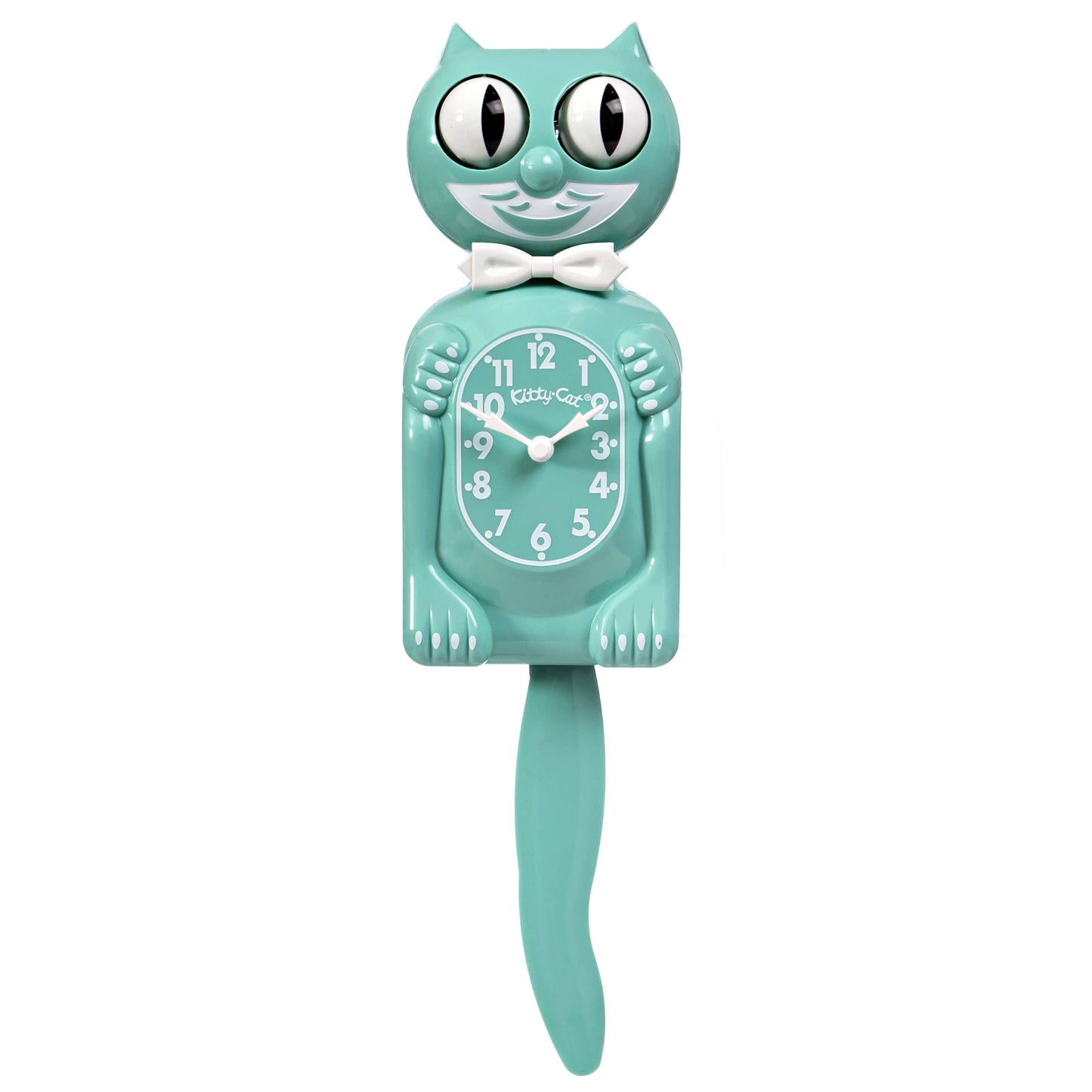 Teal cat-shaped clock with a white face on a white background, famous retro cat clock design called the Kitty Cat Clock.