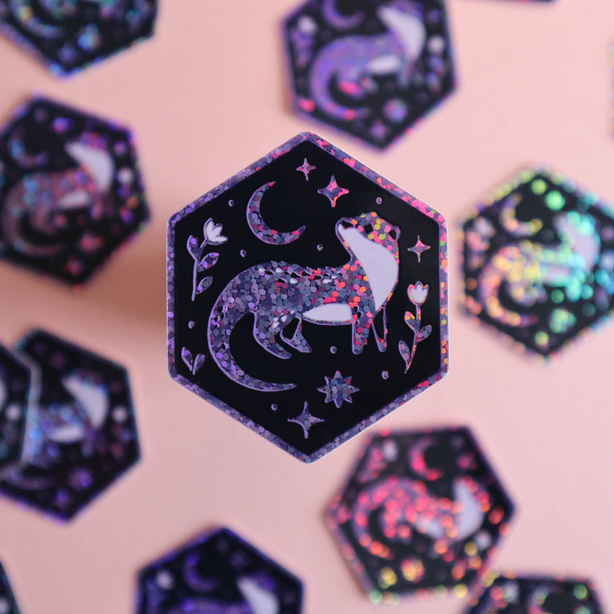 Otter and Moon Hexagon Glitter Sticker