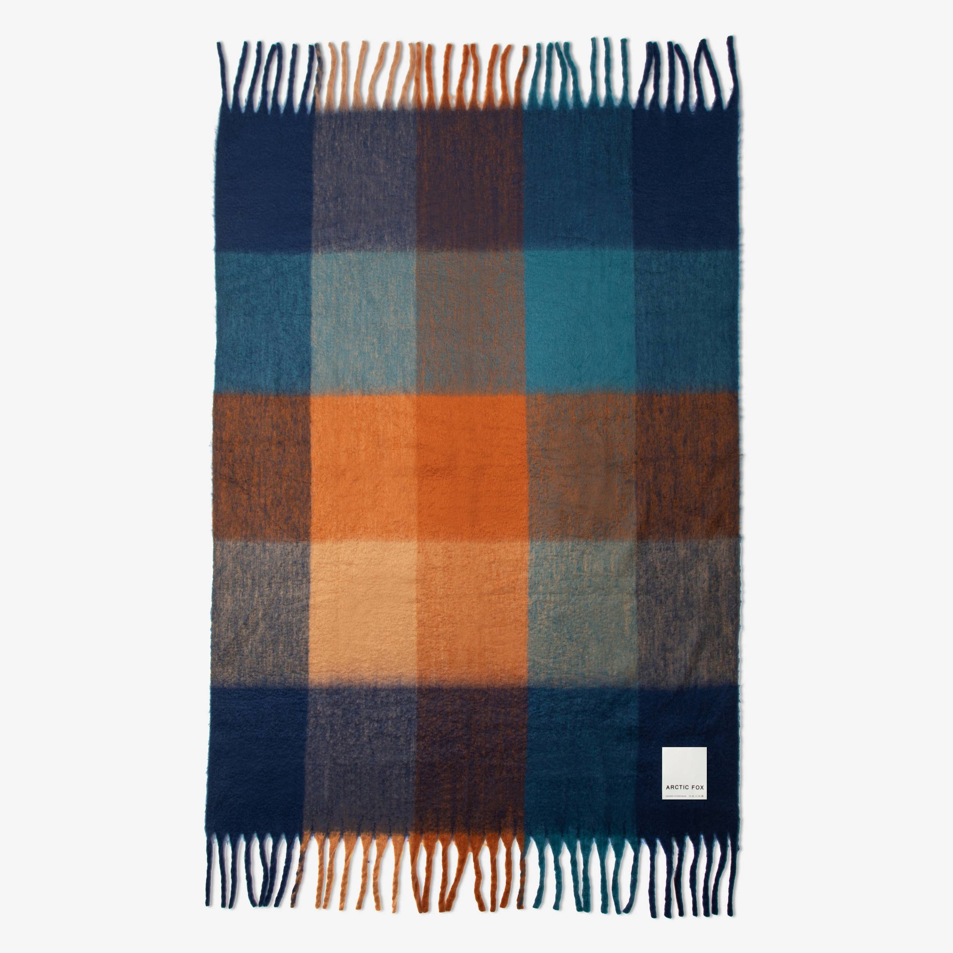 Plaid scarf with blue, orange, and brown squares on a white background