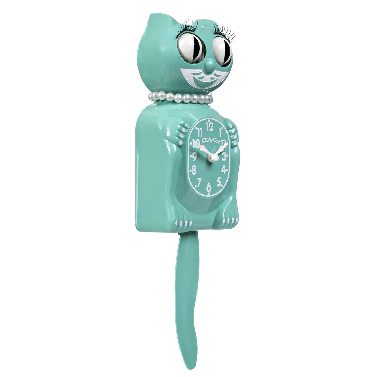 Teal cat-shaped clock with a white face on a white background. Cat has eyelashes and pearl necklace. Swinging tail and moving eyes