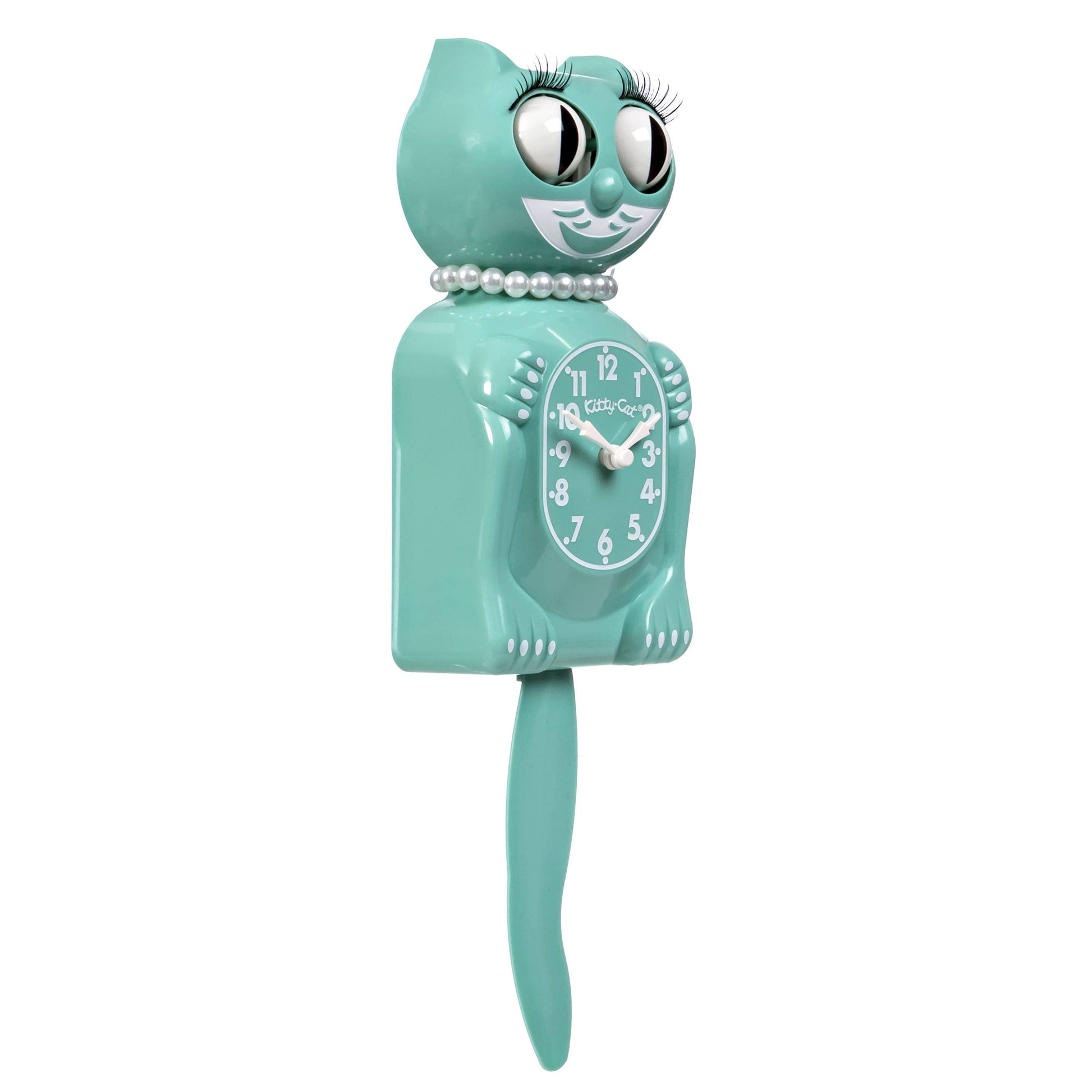 Teal cat-shaped clock with a white face on a white background. Cat has eyelashes and pearl necklace. Swinging tail and moving eyes