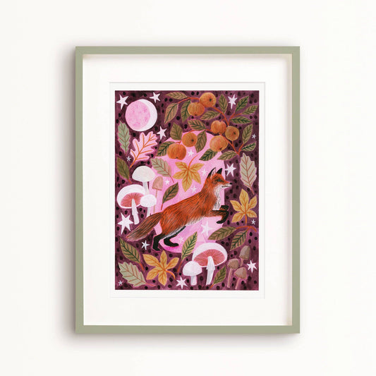 Fox and Mushrooms Autumnal A4 Art Print