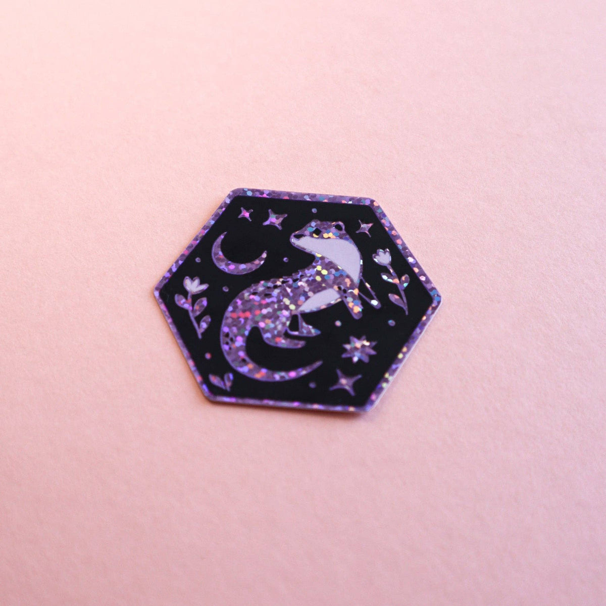 Otter and Moon Hexagon Glitter Sticker