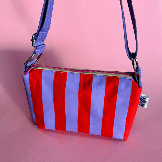 Red and Lilac  waxed canvas crossbody boxy bag