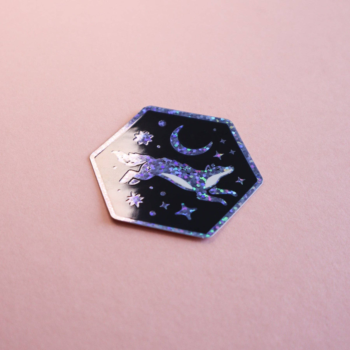 Wolf and Moon Hexagon Glitter Sticker