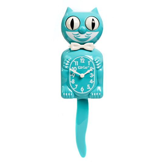 Turquoise  blue cat-shaped clock with a white background