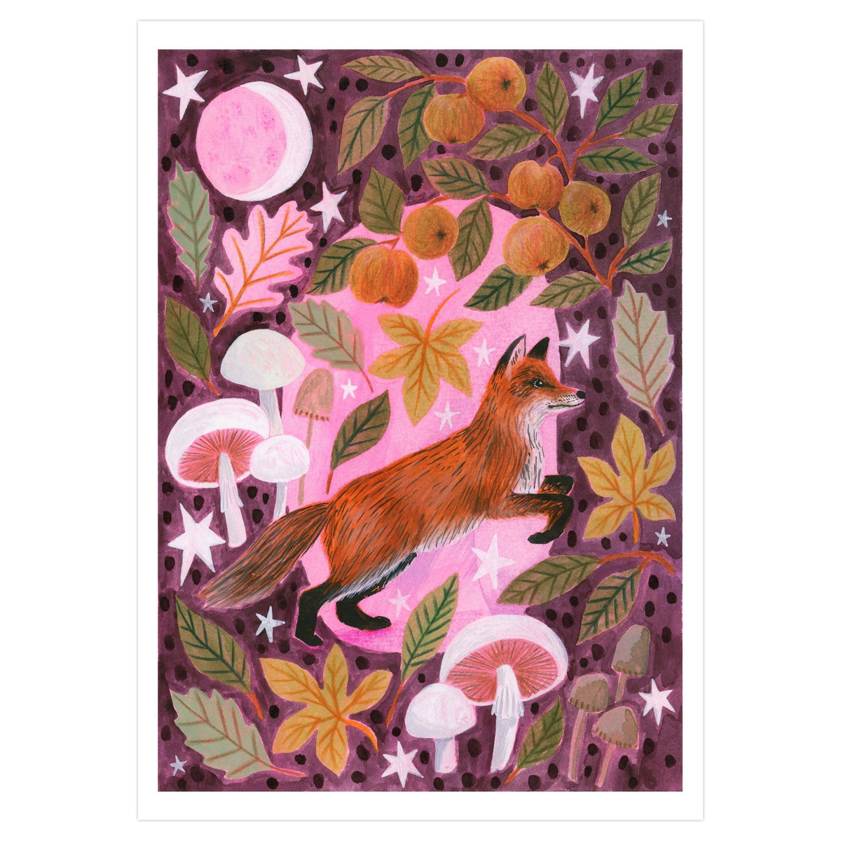Fox and Mushrooms Autumnal A4 Art Print