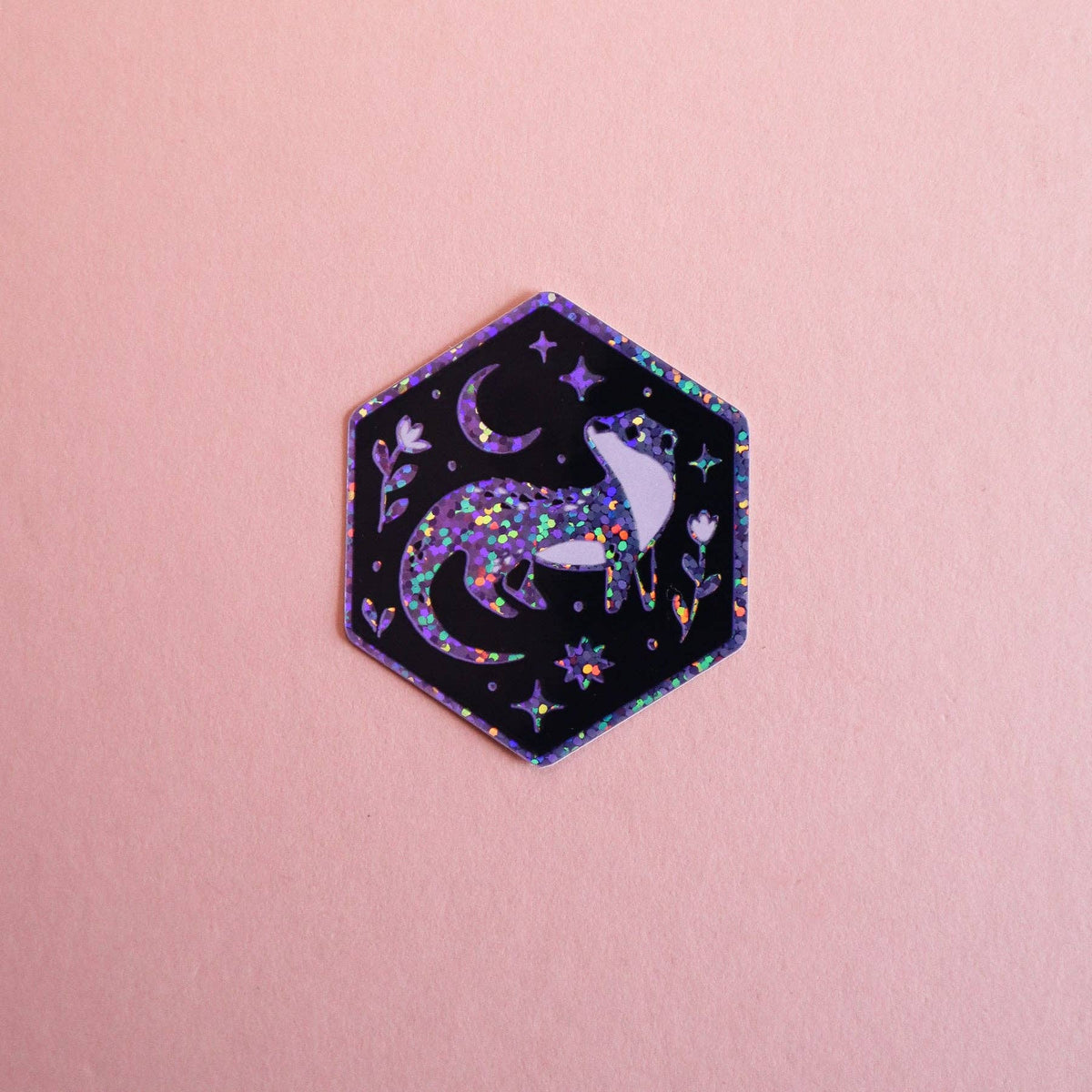 Otter and Moon Hexagon Glitter Sticker