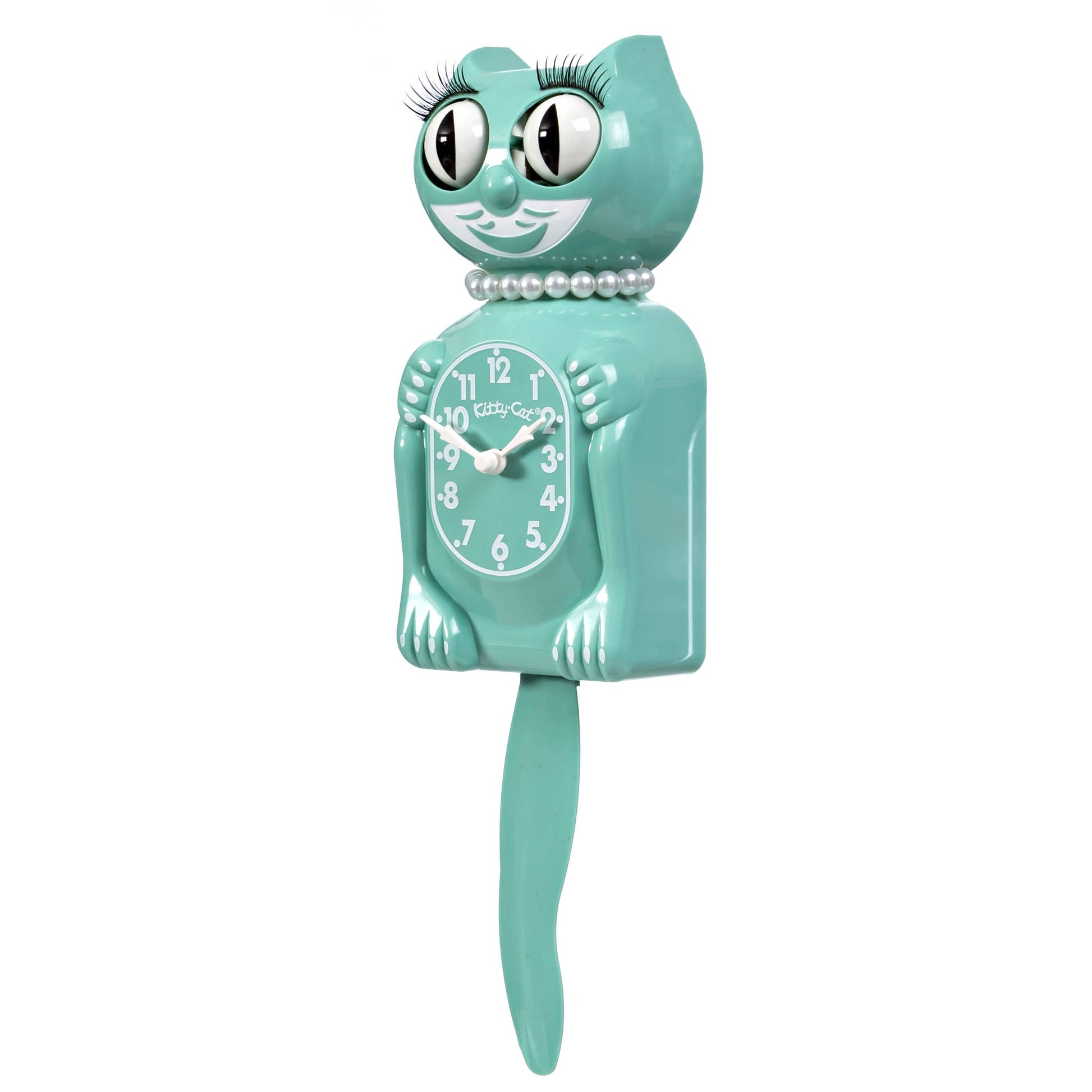 Teal cat-shaped clock with a white face on a white background, side profile view.