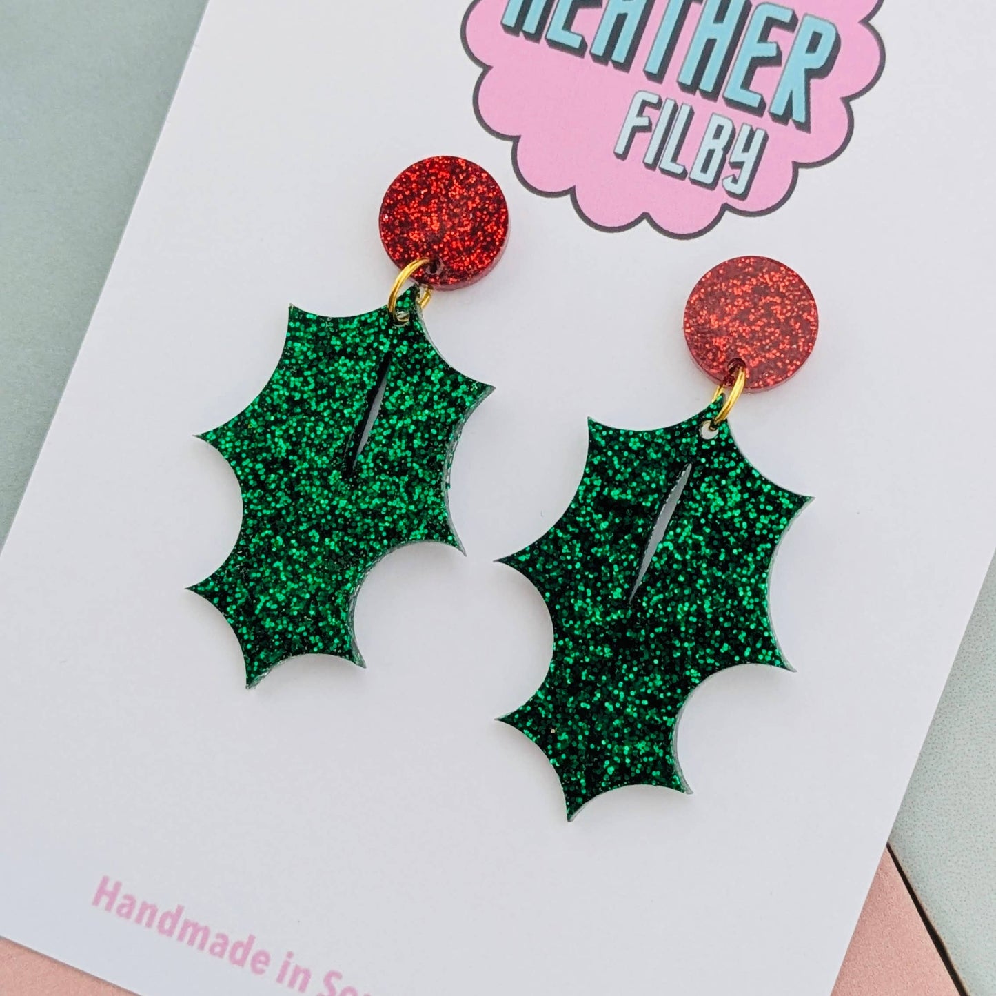 Holly Leaf Christmas Glitter Earrings