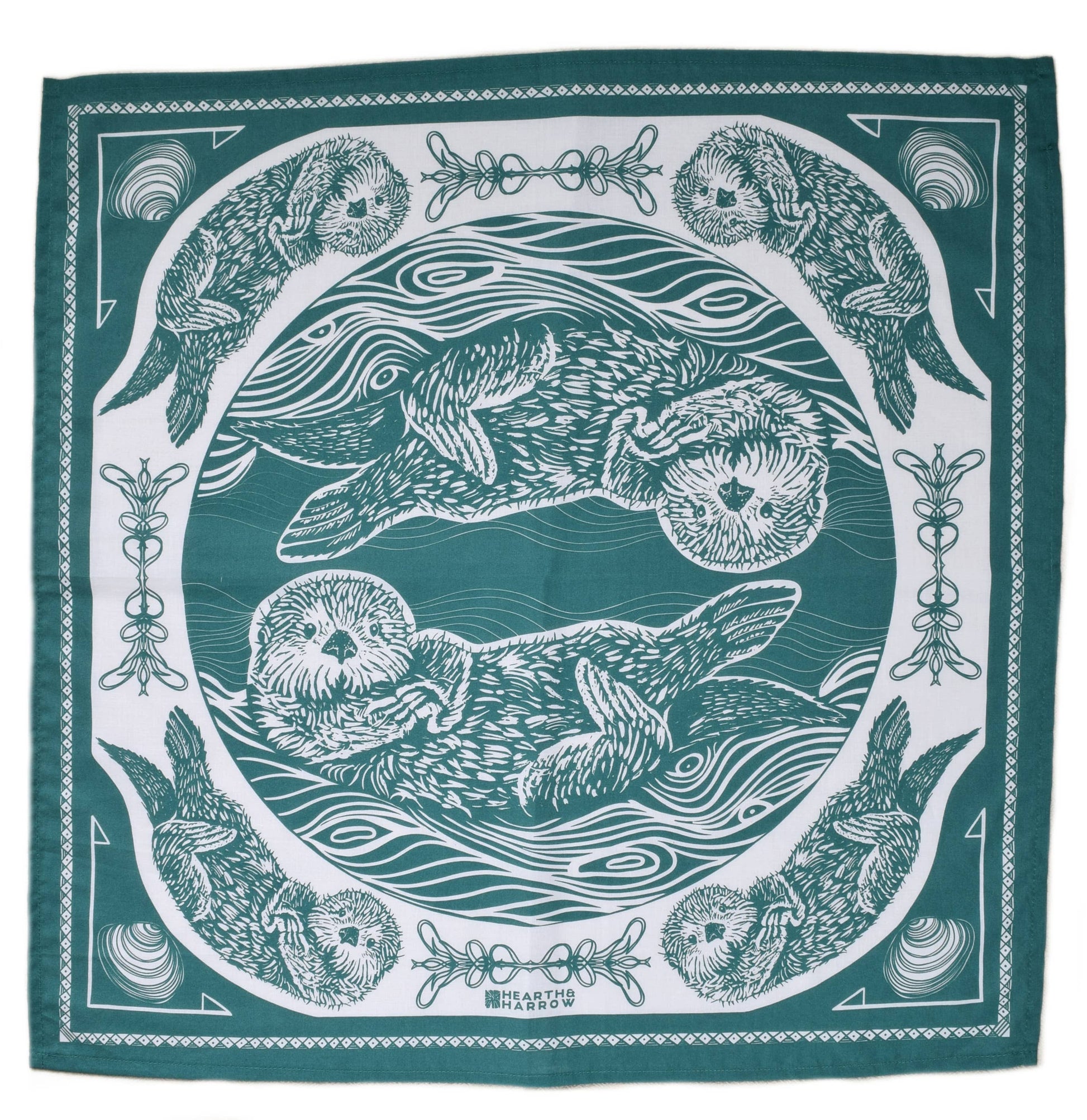 Teal bandana with white otter illustrations and patterns on a white background
