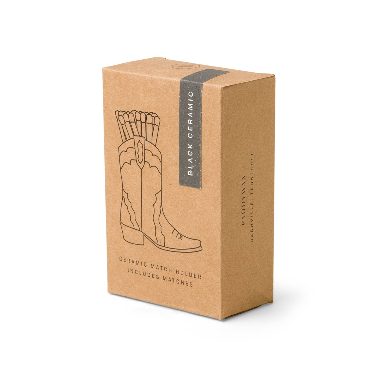 Brown packaging box with a graphic of cowboy boots and text on a white background