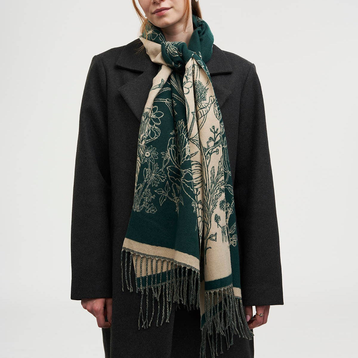 Midnight Garden Long Jacquard Scarf in Green