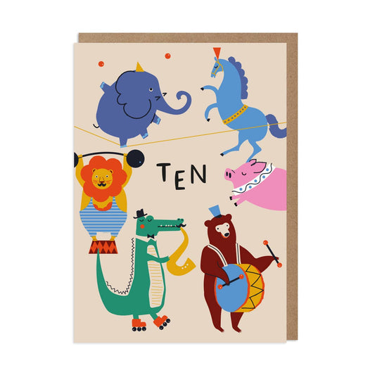 Greeting card featuring colorful illustrations of various circus animals on a beige background, with the number '10' prominently displayed. The animals include an elephant, a horse, a lion, a crocodile, a bear, and a monkey.