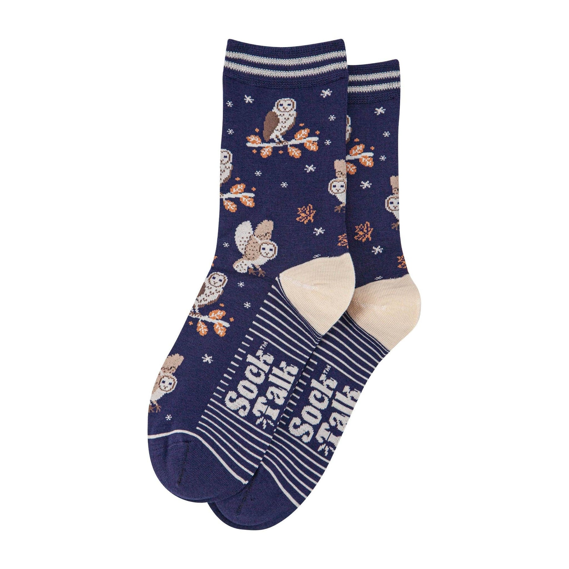 Navy blue socks with owl pattern and 'Sock Talk' text on a white background
