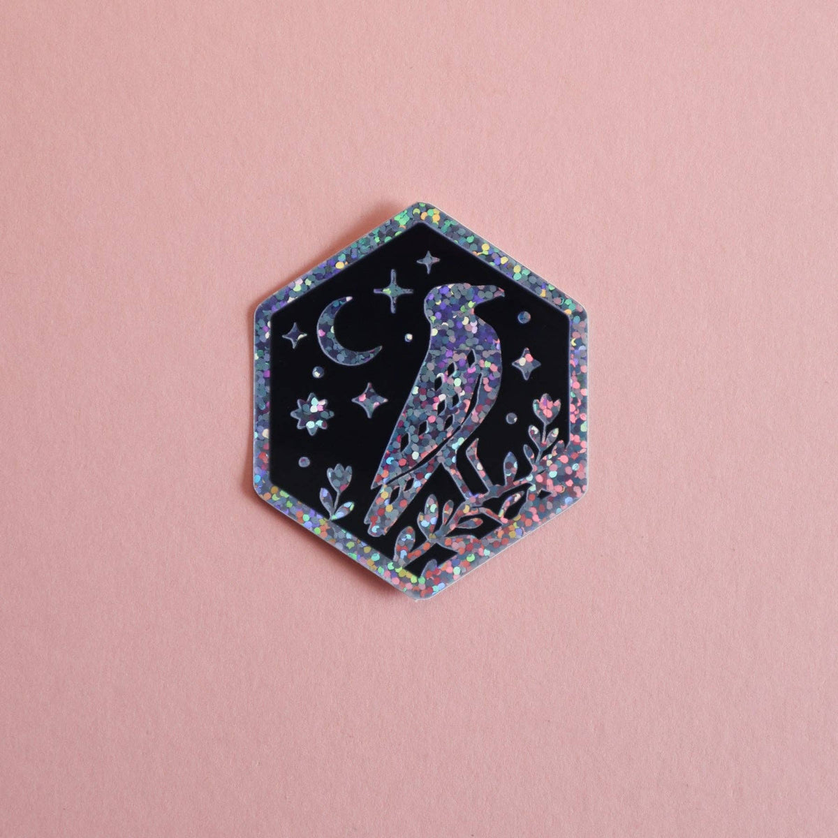 Crow and Moon Hexagon Glitter Sticker