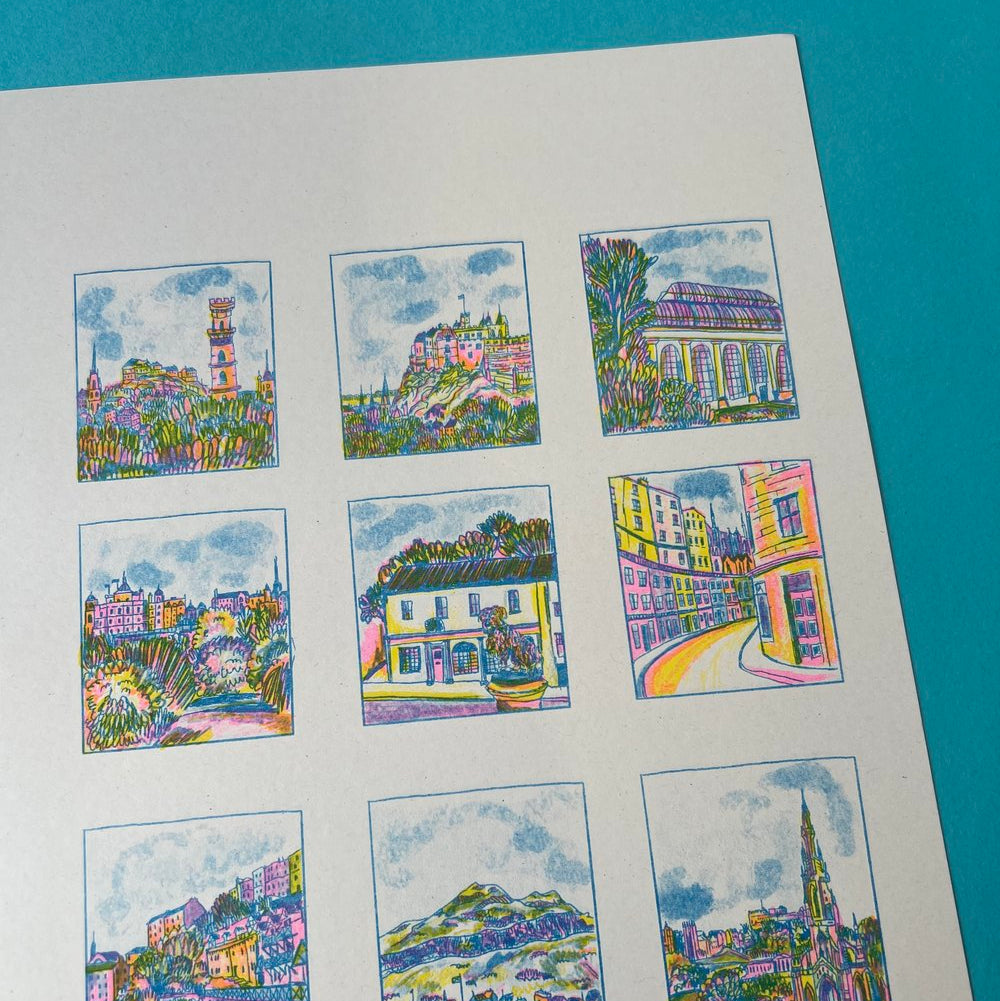 An A4 print containing a collection of colorful illustrations of Edinburgh's hottest spots, featuring various buildings and landscapes.