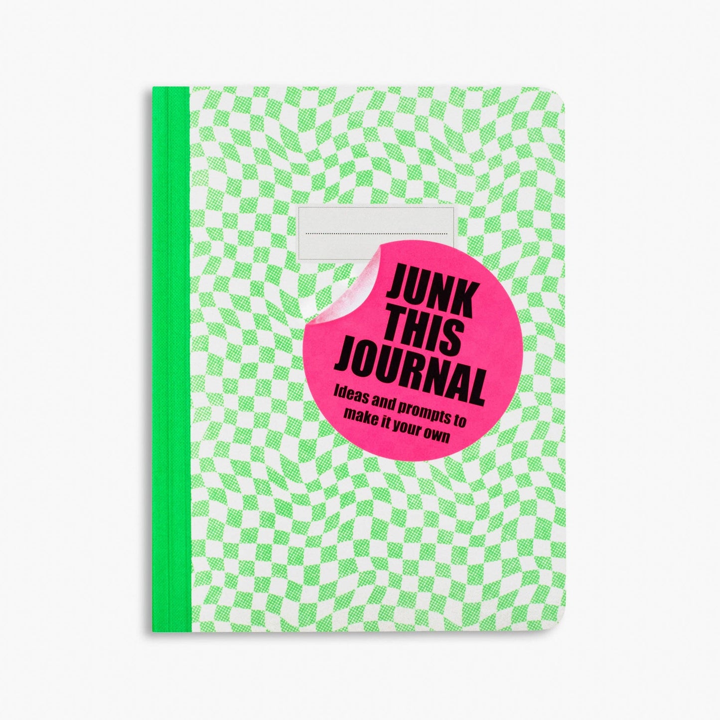 Journal with green and white checkered design and pink label on a white background