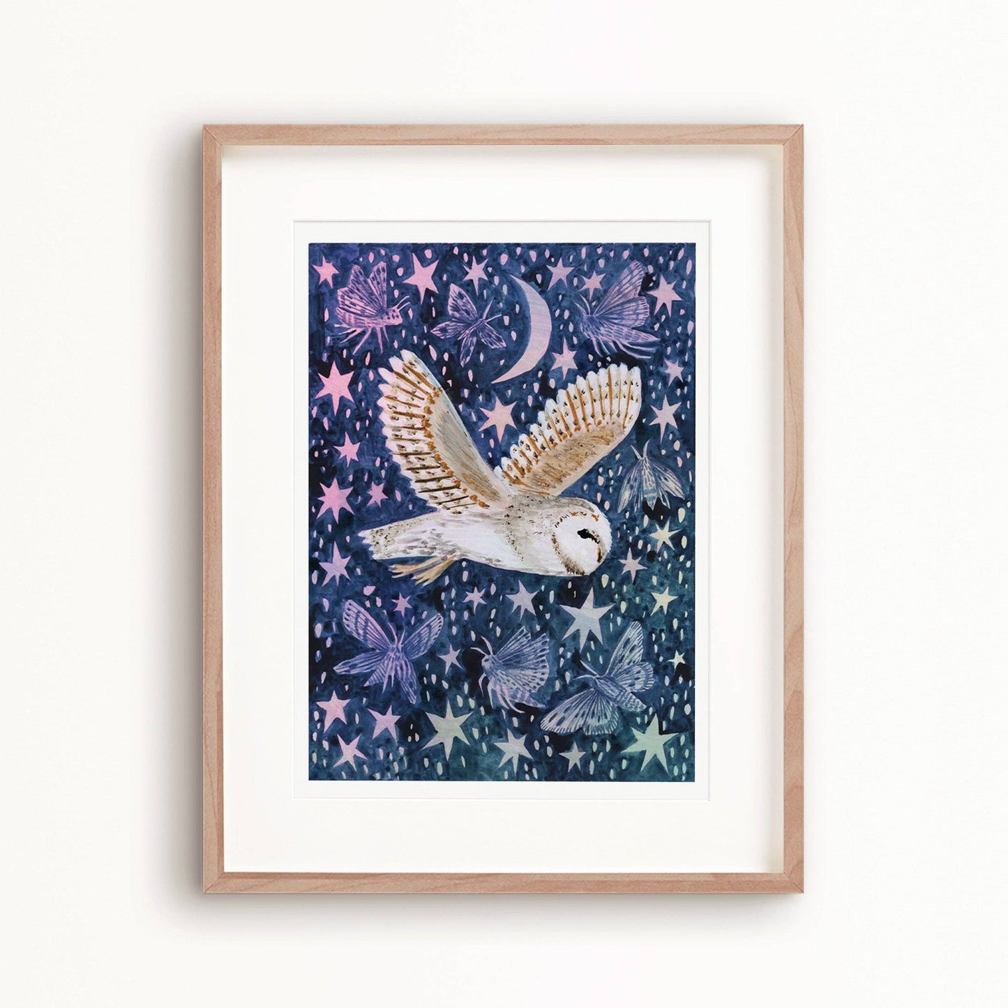 Barn Owl and Moths A3 Art Print