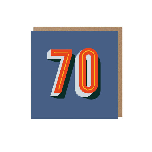 A colorful 70th birthday card with the number 70 printed in bold letters, on a navy background, with a kraft envelope included.