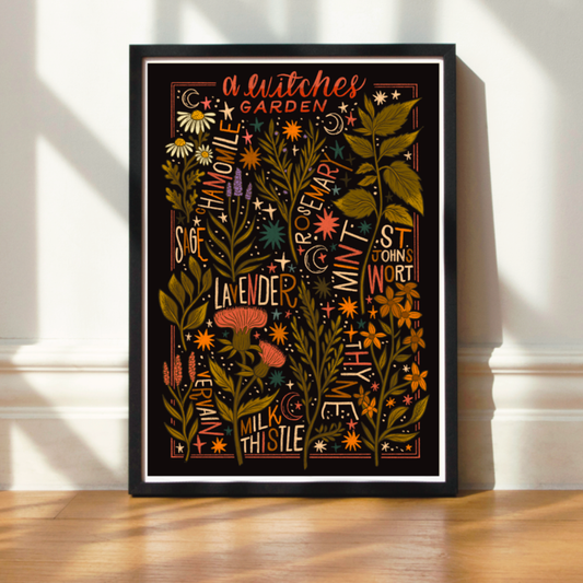 An A4 print titled 'A Witches Garden' featuring an illustration of various plants and flowers with accompanying text in a bold, decorative font.