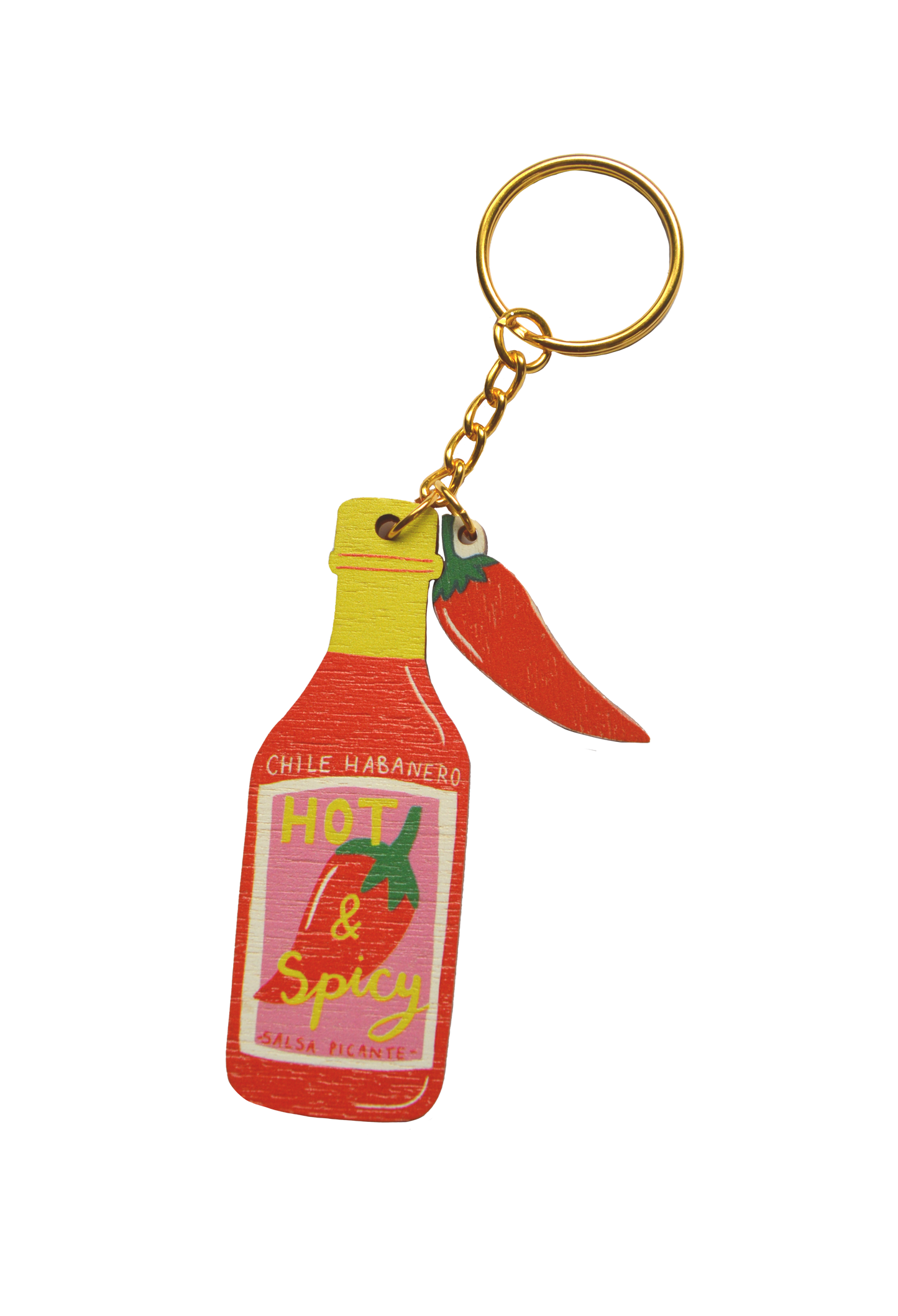 Hot sauce bottle keychain with chili pepper on a white background