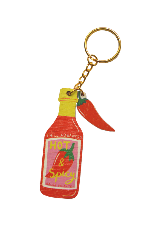 Hot sauce bottle keychain with chili pepper on a white background