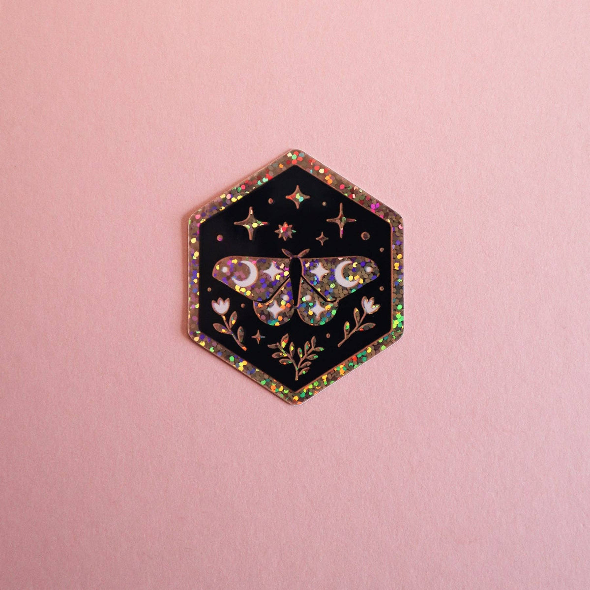 Lunar Moth Hexagon Glitter Sticker