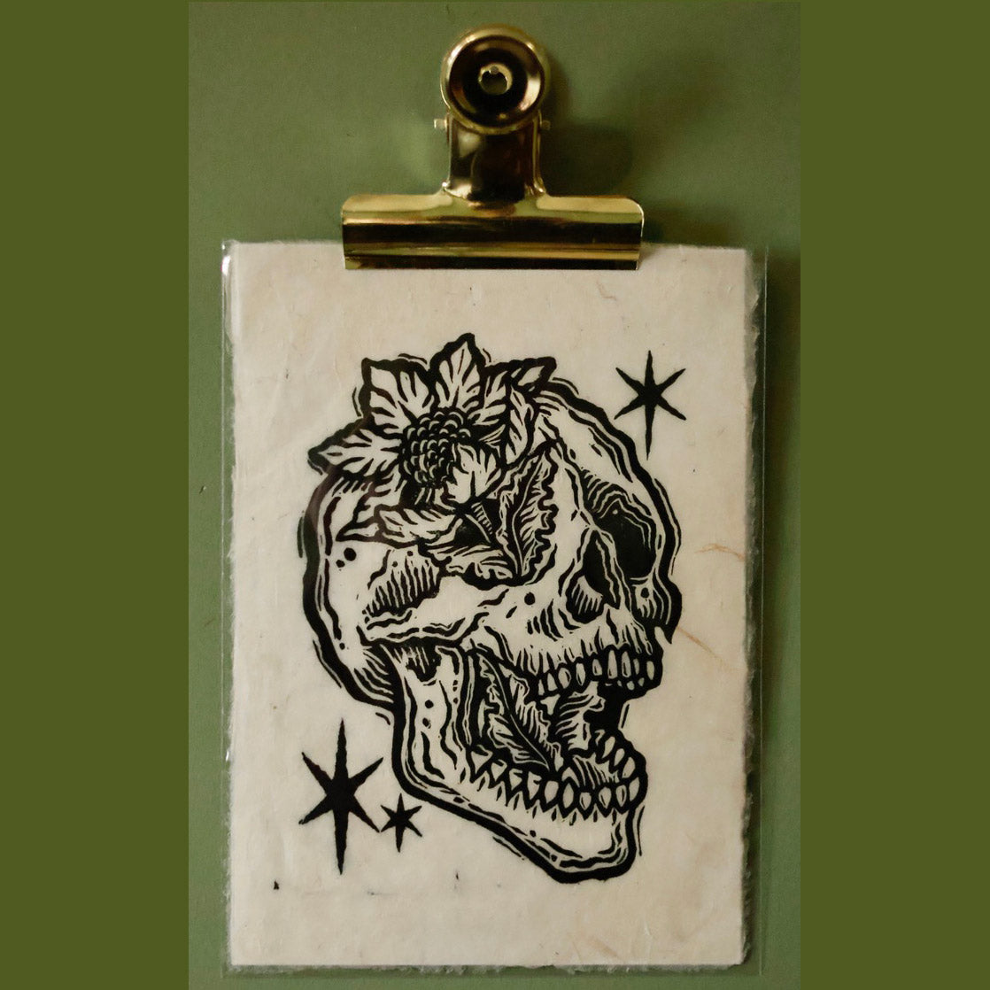 Flower and Skull Lino Print by Juniper North