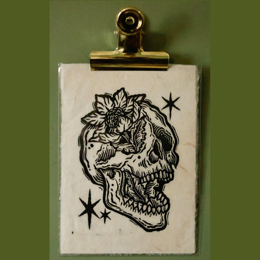 Flower and Skull Lino Print by Juniper North