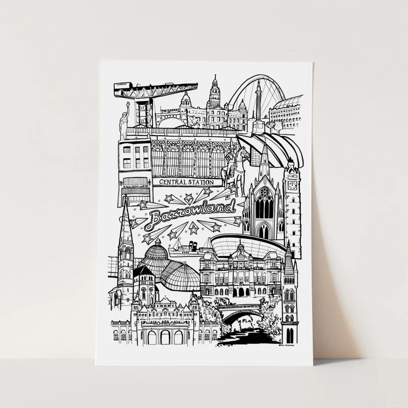 Black and white illustration of Glasgow landmarks 
