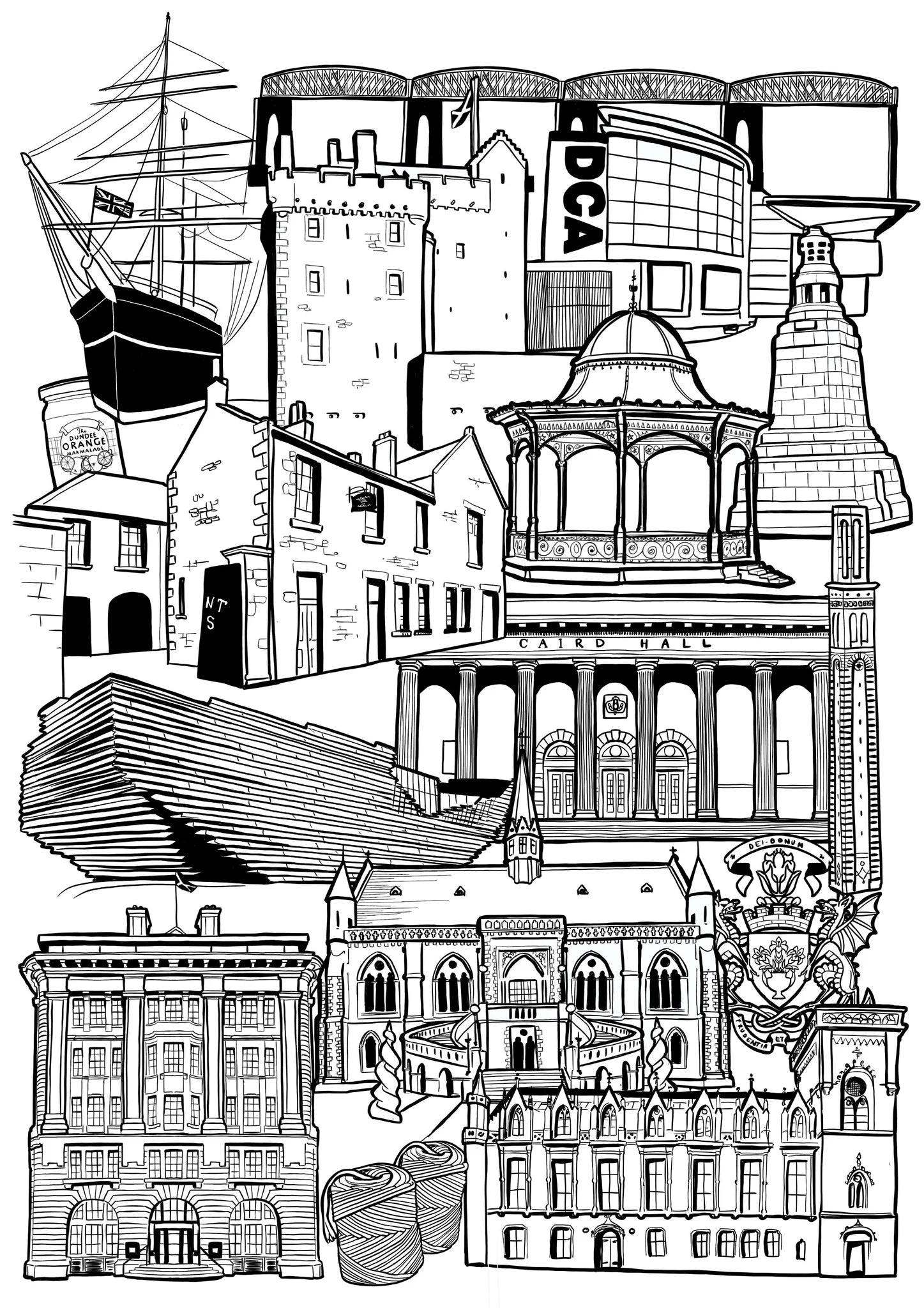 Black and white illustration of architectural highlights of Dundee