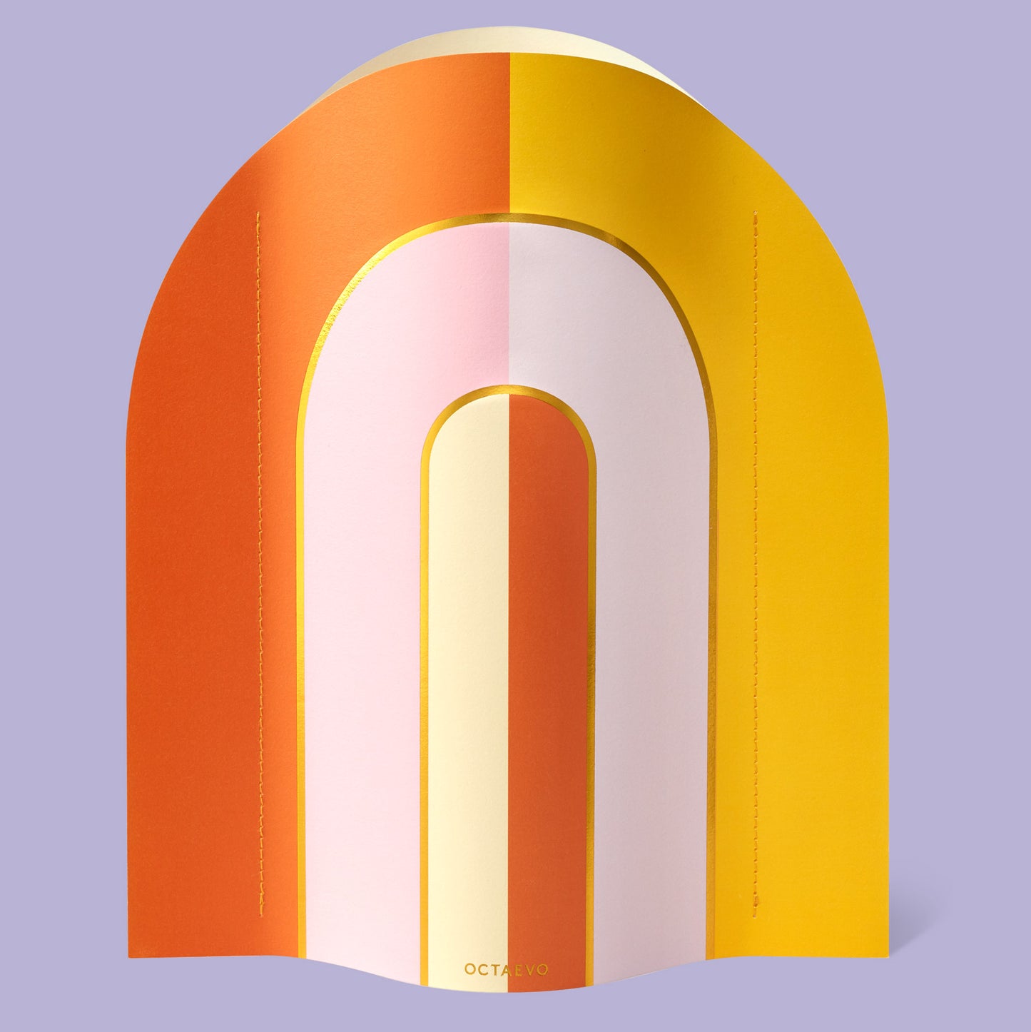 Colorful arch-shaped paper vase with a gradient of orange, pink, and yellow on a purple background