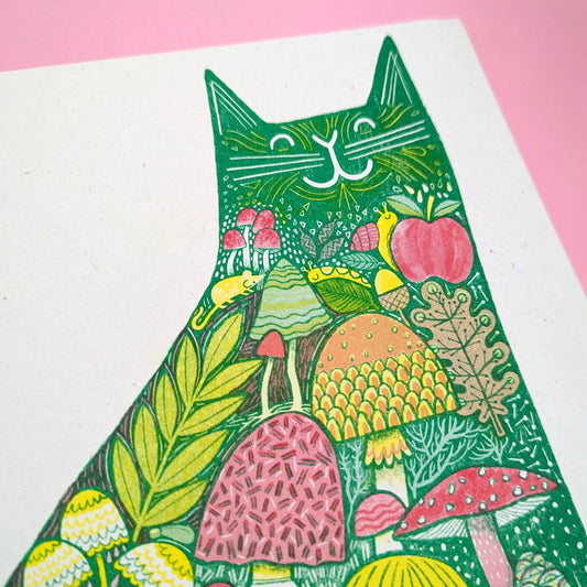 A colorful illustration of a cat with a woodland theme