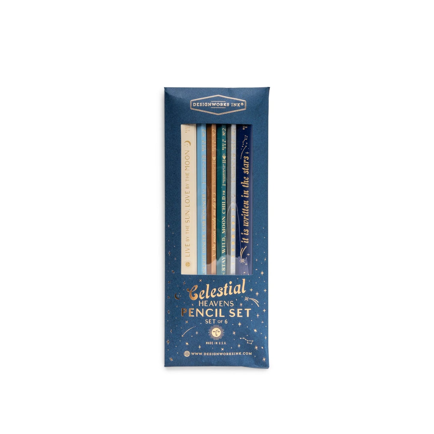 A celestial themed pencil set packaged in a box, with gold foil stamping and celestial-themed slogans on the pencils.
