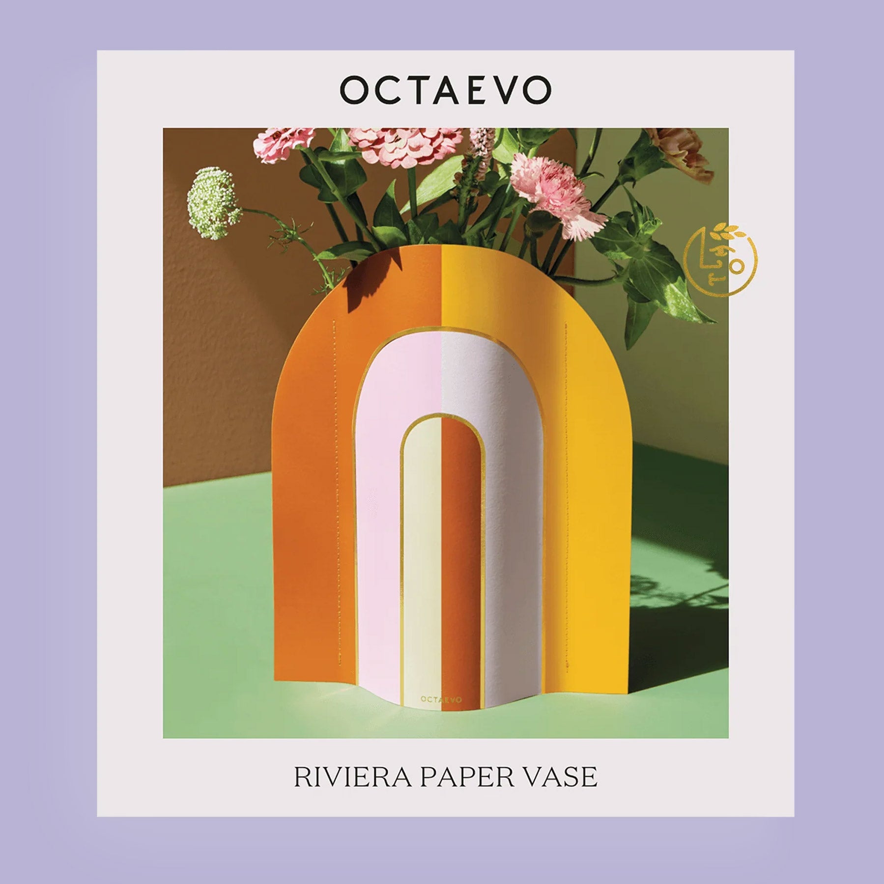 Colorful paper vase with flowers on a gradient background, featuring the brand 'Octaevo'.