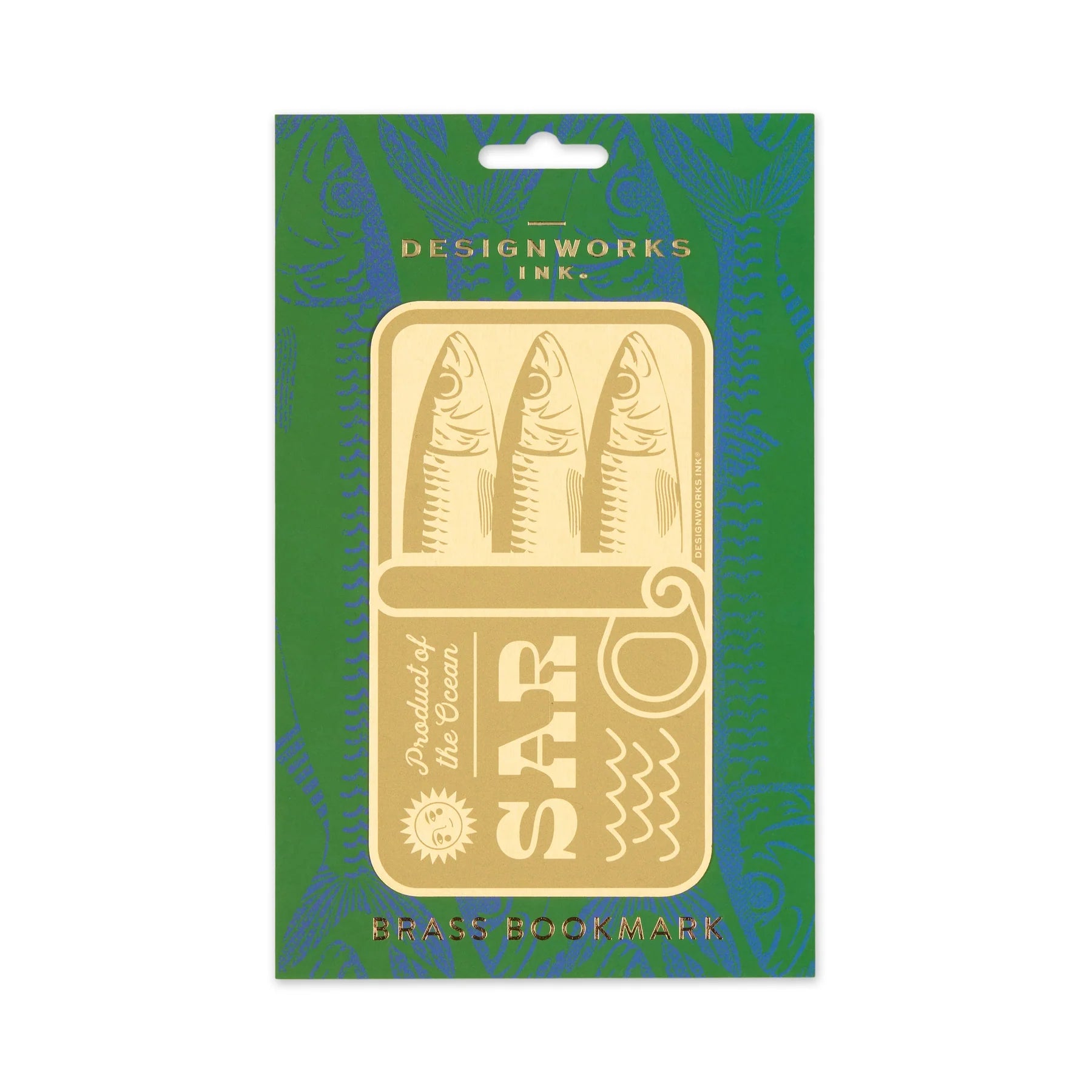 Brass bookmark with fish design on green and blue patterned packaging
