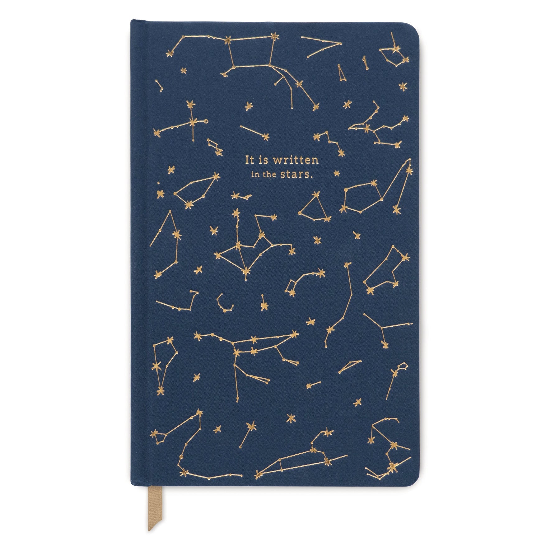 A navy-colored journal with a constellation pattern and the phrase 'It is written in the stars' printed on the cover.