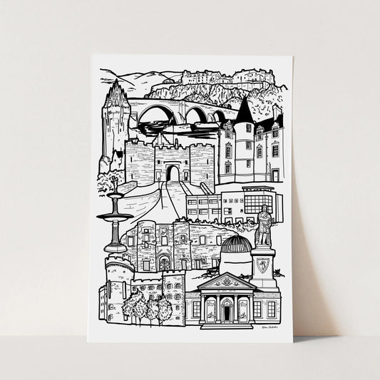 Black and white illustration of Stirling landmarks